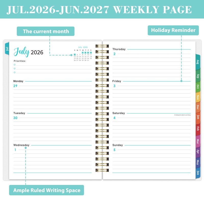 Tersus 2026-2027 Academic Planner - Jul 2026-Jun 2027 Weekly & Monthly with Tabs, 6.4"x8.5" Thick Paper Waterproof Cover Back Pocket Twin-Wire Binding - Green - Image 4