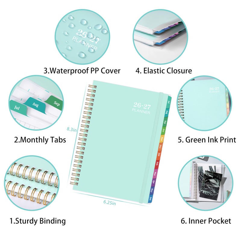 Tersus 2026-2027 Academic Planner - Jul 2026-Jun 2027 Weekly & Monthly with Tabs, 6.4"x8.5" Thick Paper Waterproof Cover Back Pocket Twin-Wire Binding - Green - Image 2