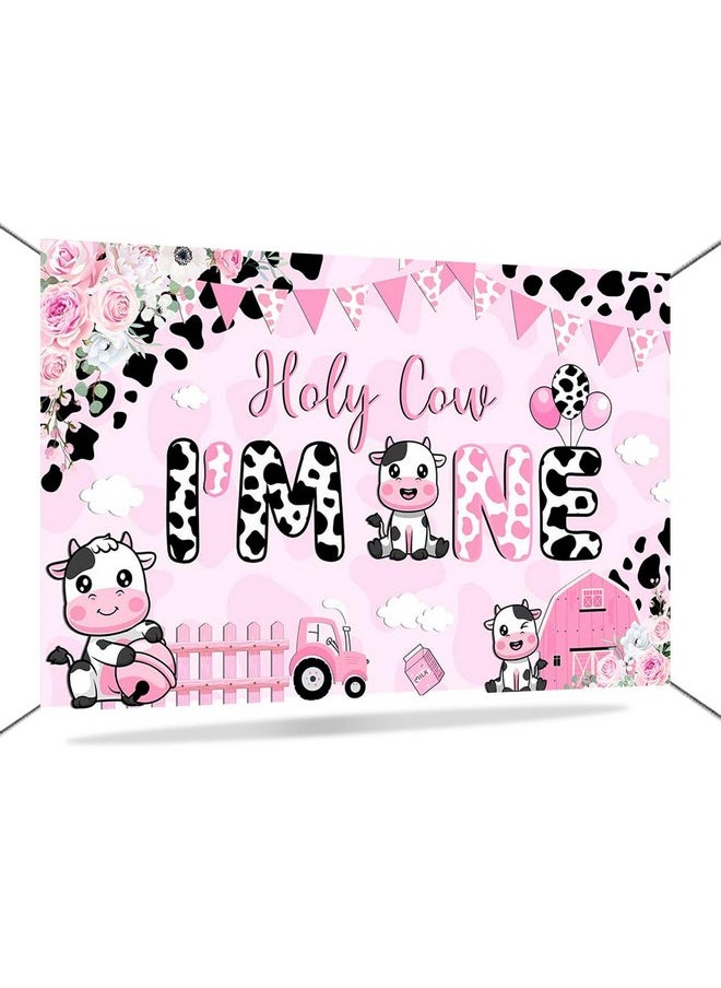 Mocsicka Mocsicka Holy Cow I'm One Birthday Banner Decorations Girls My First Rodeo Birthday Backdrop Pink Cow Print Floral Photography Background Cow Birthday Decorations 70.8 x 43.3 Inch  - Image 1