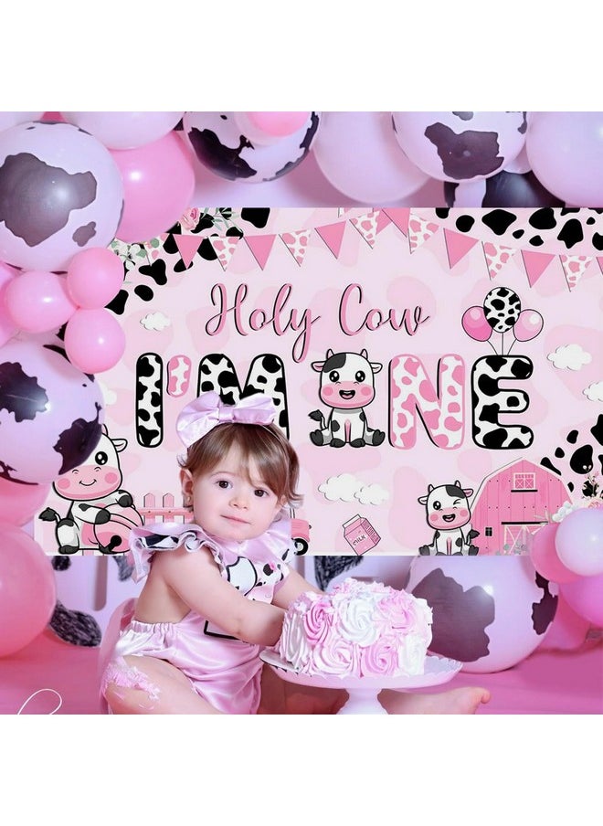 Mocsicka Mocsicka Holy Cow I'm One Birthday Banner Decorations Girls My First Rodeo Birthday Backdrop Pink Cow Print Floral Photography Background Cow Birthday Decorations 70.8 x 43.3 Inch  - Image 2