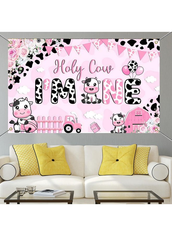 Mocsicka Mocsicka Holy Cow I'm One Birthday Banner Decorations Girls My First Rodeo Birthday Backdrop Pink Cow Print Floral Photography Background Cow Birthday Decorations 70.8 x 43.3 Inch  - Image 3