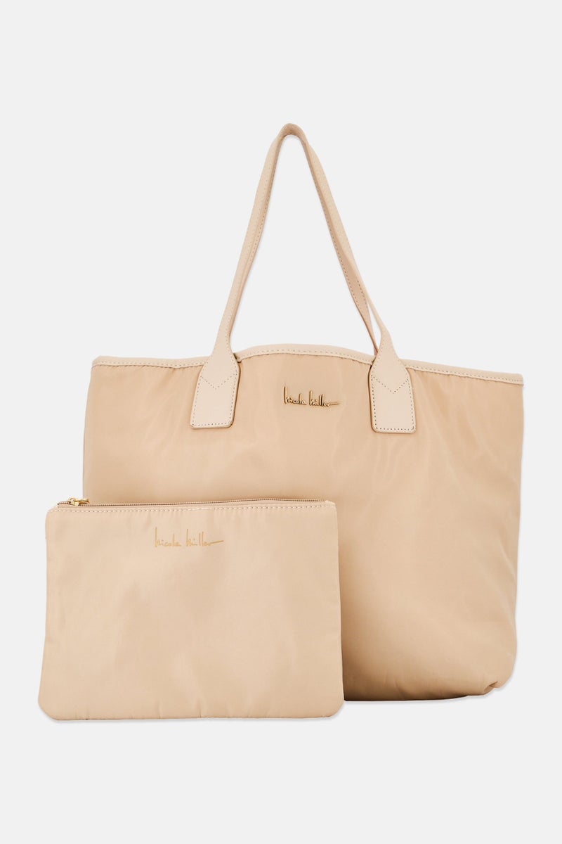Nicole Miller Women 2 Pcs Brand Logo Tote Bag With Pouch, Beige - Image 1