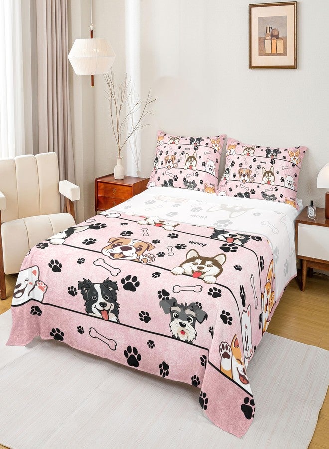Man Fei Manfei Cute Dog Bed Sheet Set for Kids,Cartoon Puppy Pet Animals Sheets Set,Black Paw Bone Print Pink Home Decor Sheet Sets with Deep Pocket,Top Flat Sheet,Twin Size - Image 2
