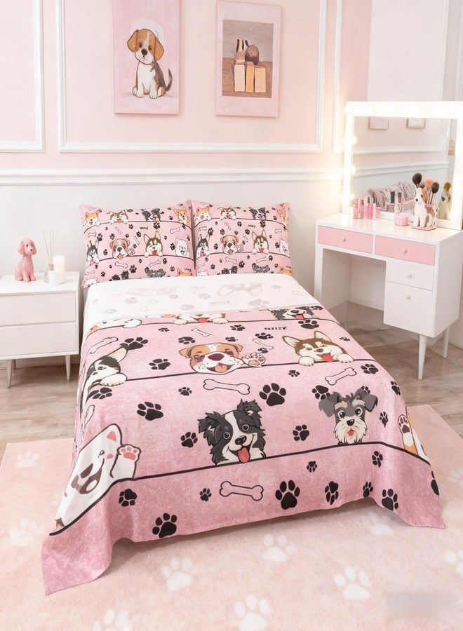 Man Fei Manfei Cute Dog Bed Sheet Set for Kids,Cartoon Puppy Pet Animals Sheets Set,Black Paw Bone Print Pink Home Decor Sheet Sets with Deep Pocket,Top Flat Sheet,Twin Size - Image 1