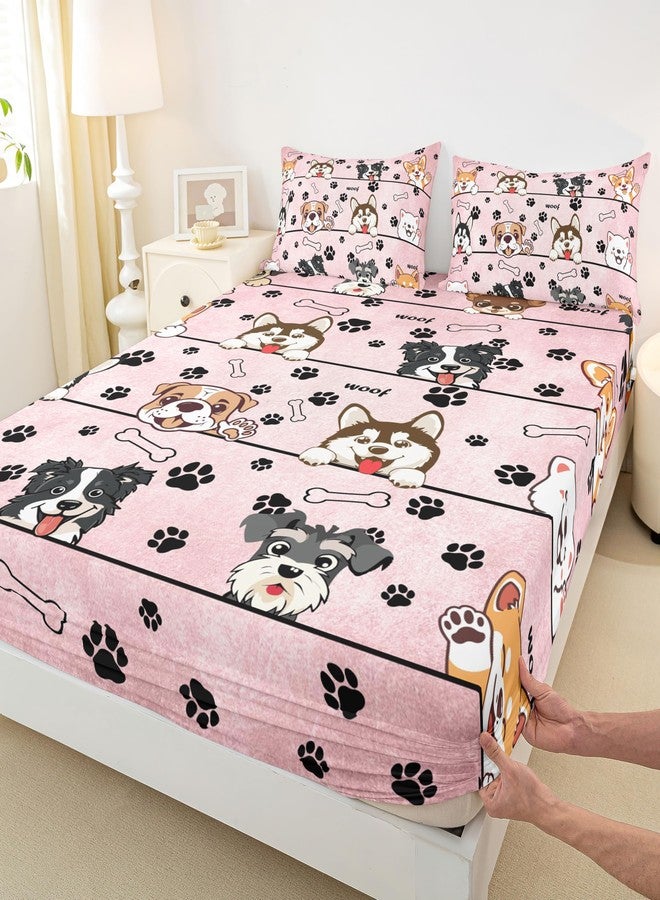 Man Fei Manfei Cute Dog Bed Sheet Set for Kids,Cartoon Puppy Pet Animals Sheets Set,Black Paw Bone Print Pink Home Decor Sheet Sets with Deep Pocket,Top Flat Sheet,Twin Size - Image 4