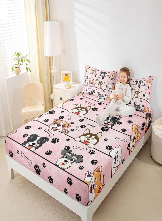 Man Fei Manfei Cute Dog Bed Sheet Set for Kids,Cartoon Puppy Pet Animals Sheets Set,Black Paw Bone Print Pink Home Decor Sheet Sets with Deep Pocket,Top Flat Sheet,Twin Size - Image 5