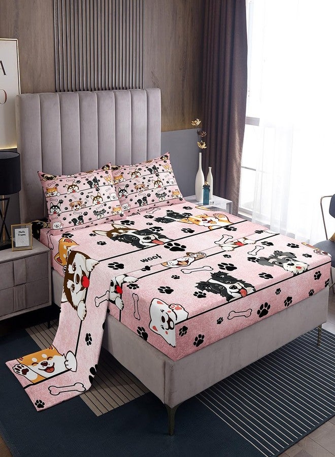 Man Fei Manfei Cute Dog Bed Sheet Set for Kids,Cartoon Puppy Pet Animals Sheets Set,Black Paw Bone Print Pink Home Decor Sheet Sets with Deep Pocket,Top Flat Sheet,Twin Size - Image 3