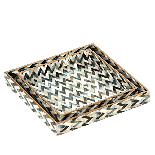 DULI Set Of 2 Mdf Wood Enamel Coated Multipurpose Trays| Serving Tray For Home & Dining Table | Water & Heat Resistant Durable| (10 X 10 & 12 X 12 Inches) (Mop Zigzag, Square) - Image 5