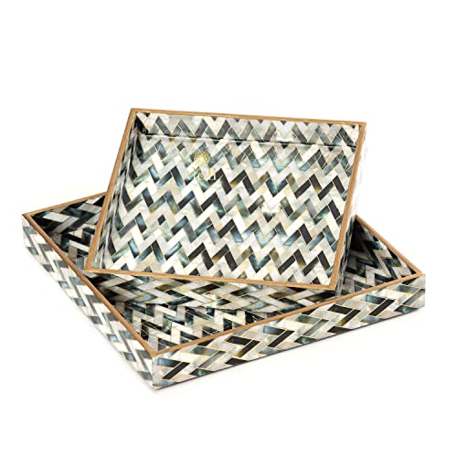 DULI Set Of 2 Mdf Wood Enamel Coated Multipurpose Trays| Serving Tray For Home & Dining Table | Water & Heat Resistant Durable| (10 X 10 & 12 X 12 Inches) (Mop Zigzag, Square) - Image 2