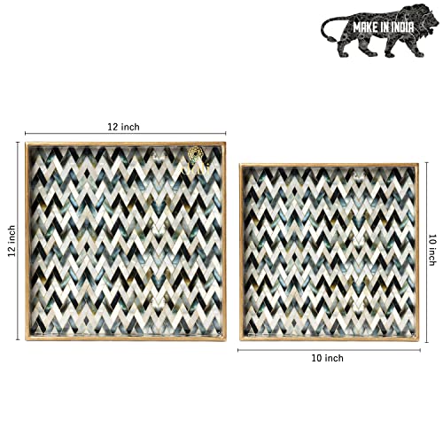 DULI Set Of 2 Mdf Wood Enamel Coated Multipurpose Trays| Serving Tray For Home & Dining Table | Water & Heat Resistant Durable| (10 X 10 & 12 X 12 Inches) (Mop Zigzag, Square) - Image 3