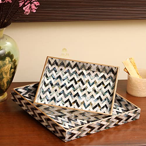 DULI Set Of 2 Mdf Wood Enamel Coated Multipurpose Trays| Serving Tray For Home & Dining Table | Water & Heat Resistant Durable| (10 X 10 & 12 X 12 Inches) (Mop Zigzag, Square) - Image 1