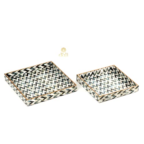 DULI Set Of 2 Mdf Wood Enamel Coated Multipurpose Trays| Serving Tray For Home & Dining Table | Water & Heat Resistant Durable| (10 X 10 & 12 X 12 Inches) (Mop Zigzag, Square) - Image 4