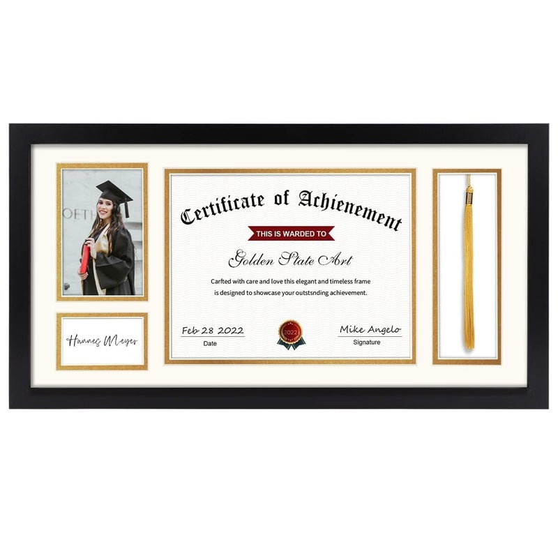 Golden State Art Golden State Art 11x22 for 85x11 DiplomaCertificate  4x6 Photo  Black Diploma Tassel Shadow Box  Double Mat Ivory Over Gold  Tassel Holder  Sawtooth Hangers Swivel Tabs Real Glass 