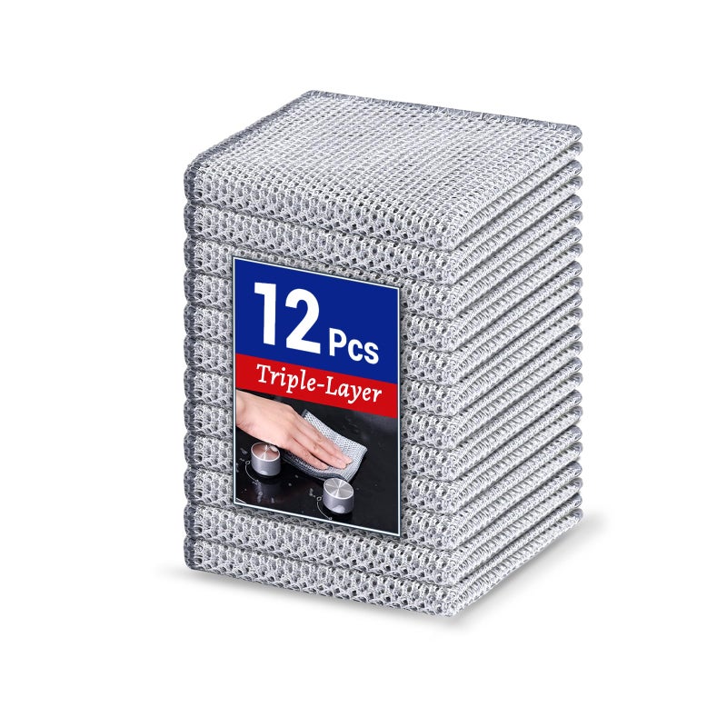 Wangjinpeng 12 PCS 3Layer NonScratch Multipurpose Steel Wire Dishcloths Reusable QuickDry OdorFree Scrub Cloths for Dishes Kitchen Cleaning Cloths for Cookware Sinks Stove Tops787X787