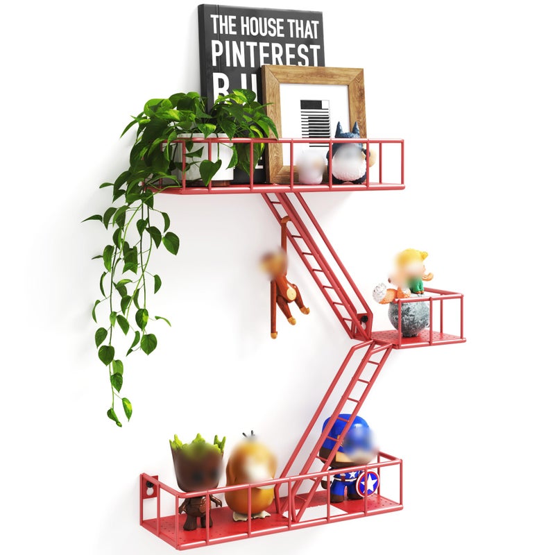 Fire Escape Wall Shelf with Baskets 3Tier Metal Fire Escape Ladder Shelf Wall Organizer New York Inspired Decorative Shelf Red Floating Action Figurine Display Shelves for Bedroom Home Dcor