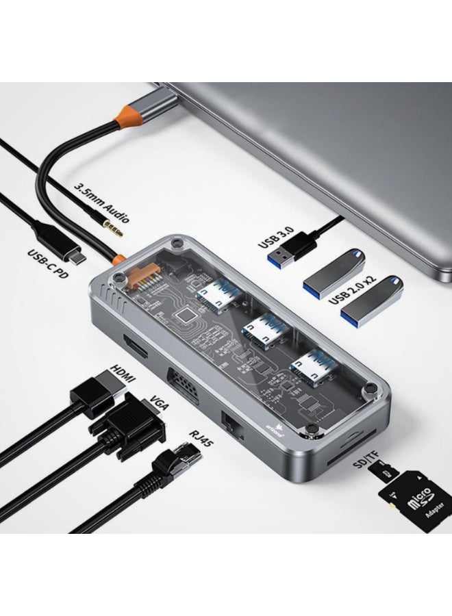 موزع USB SW10V (10 في 1) منفذ USB 3.0 واحد / منفذان USB 2.0 / منفذ HDMI / منفذ RJ45 / منفذ VGA / منفذ USB-C PD / منفذ بطاقة SD / منفذ بطاقة TF / منفذ 3.5 ملم 100 ميجابت في الثانية - Image 4
