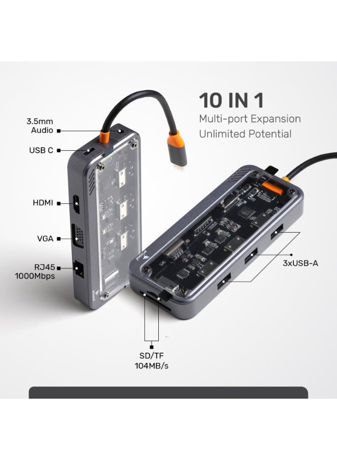 موزع USB SW10V (10 في 1) منفذ USB 3.0 واحد / منفذان USB 2.0 / منفذ HDMI / منفذ RJ45 / منفذ VGA / منفذ USB-C PD / منفذ بطاقة SD / منفذ بطاقة TF / منفذ 3.5 ملم 100 ميجابت في الثانية - Image 1