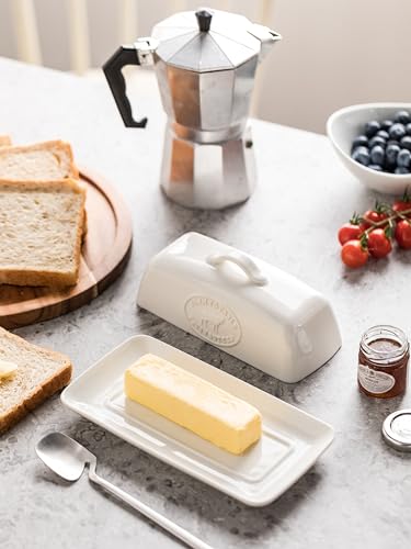 YHOJOY Cow Butter Dish, Ceramic Butter Dish with Lid for Countertop, White Butter Tray with Handle, Farmhouse Covered Butter Holder Container for East West Coast Butter Storage - Image 3