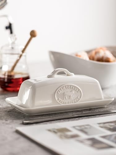 YHOJOY Cow Butter Dish, Ceramic Butter Dish with Lid for Countertop, White Butter Tray with Handle, Farmhouse Covered Butter Holder Container for East West Coast Butter Storage - Image 2