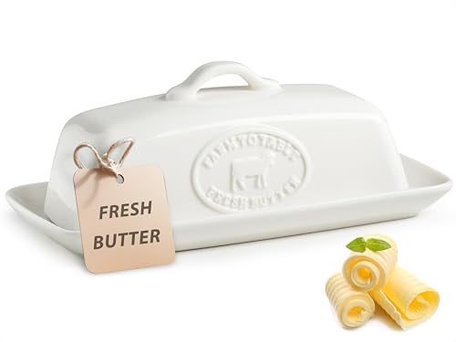 YHOJOY Cow Butter Dish, Ceramic Butter Dish with Lid for Countertop, White Butter Tray with Handle, Farmhouse Covered Butter Holder Container for East West Coast Butter Storage - Image 1