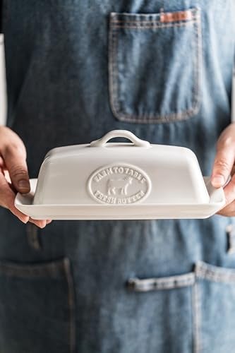 YHOJOY Cow Butter Dish, Ceramic Butter Dish with Lid for Countertop, White Butter Tray with Handle, Farmhouse Covered Butter Holder Container for East West Coast Butter Storage - Image 5