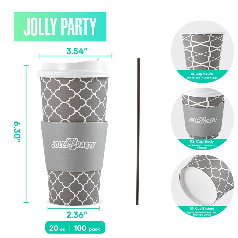 JOLLY PARTY [100 مجموعة] أكواب قهوة ورقية سعة 20 أونصة أكواب قهوة قابلة للتصرف مع أغطية وأكمام وشرايين أكواب مشروبات ساخنة وباردة للماء والقهوة أو الشاي أكواب قهوة للسفر مناسبة للمكتب والسفر - Image 2