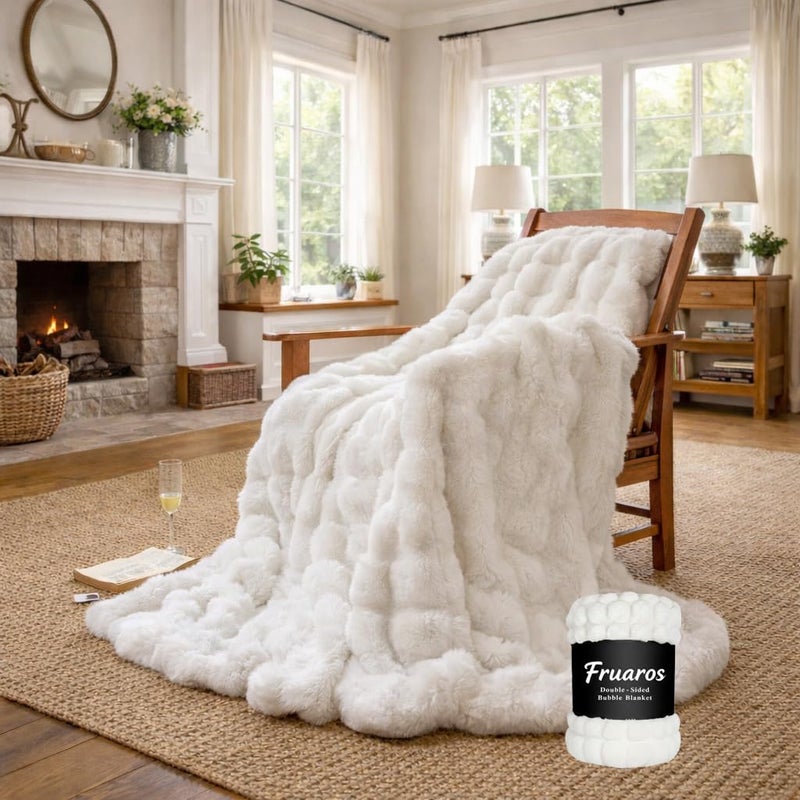 Fruaros Luxury Double-Sided 3D Bubble Faux Fur Throw Blanket â€“ Ultra Plush & Fluffy Cream White Cozy Blanket for Couch, Sofa & Bed | Soft Gift for Women, Birthday, Housewarming, 50" x 60" - Image 1