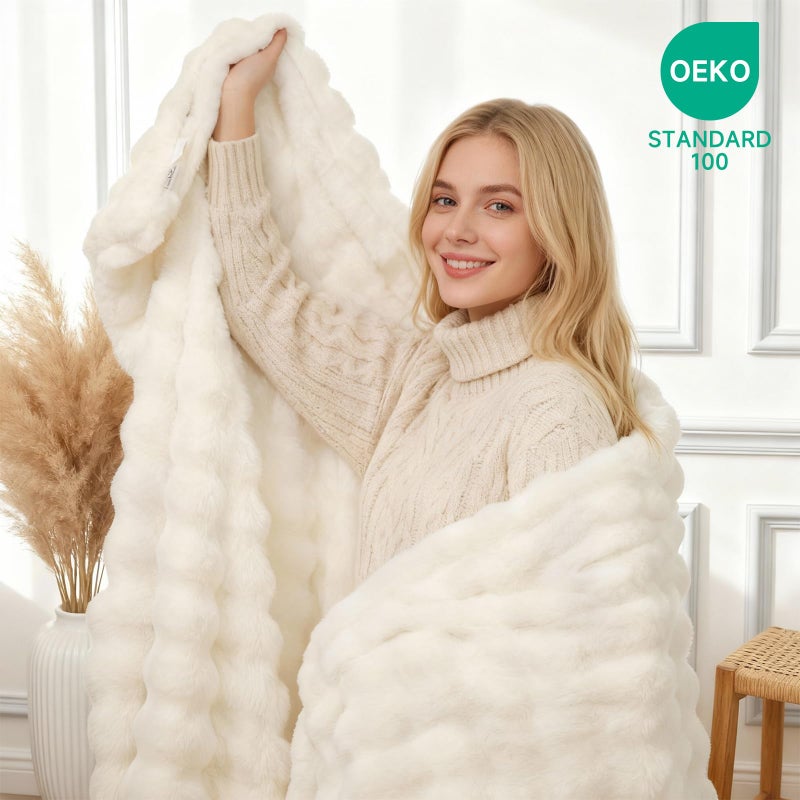 Fruaros Luxury Double-Sided 3D Bubble Faux Fur Throw Blanket â€“ Ultra Plush & Fluffy Cream White Cozy Blanket for Couch, Sofa & Bed | Soft Gift for Women, Birthday, Housewarming, 50" x 60" - Image 3