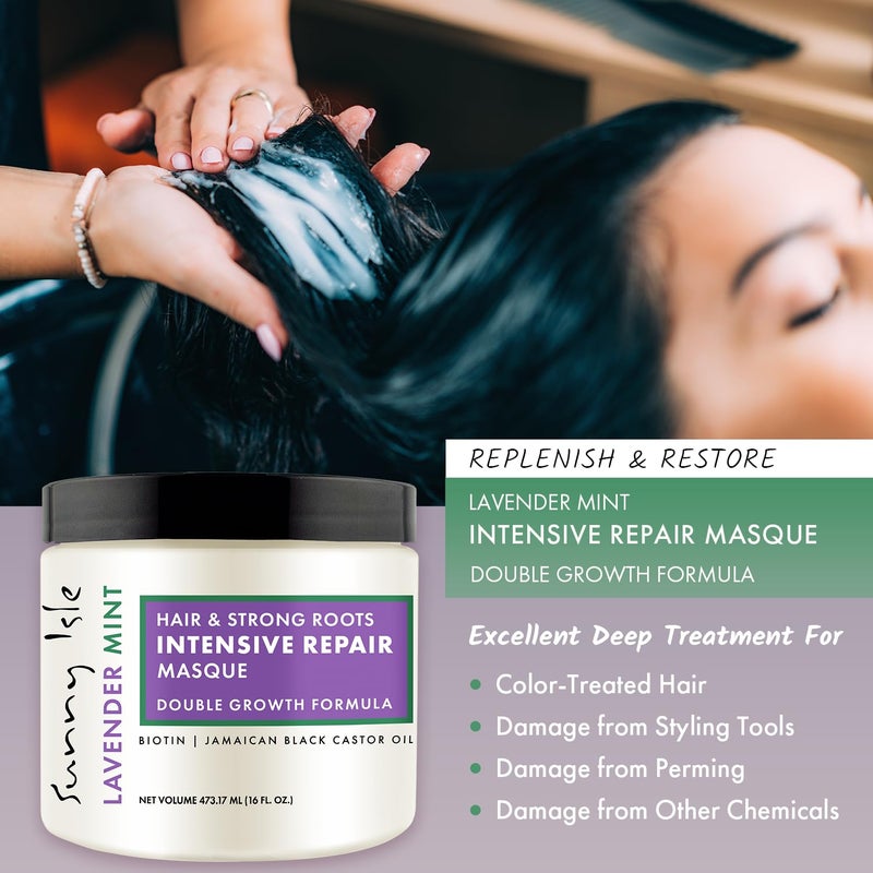 Sunny Isle Lavender Mint Hair and Strong Roots Intensive Repair Masque 16oz | Double Growth Formula | Biotin and Jamaican Black Castor Oil - Image 3