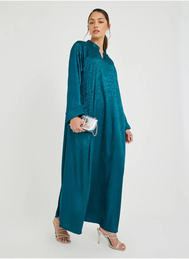 ستايلي Styli Satin Jacquard Collared Jalabiya with Folded Cuffs