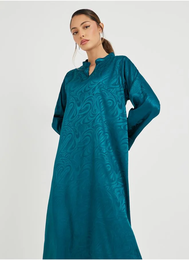 ستايلي Styli Satin Jacquard Collared Jalabiya with Folded Cuffs