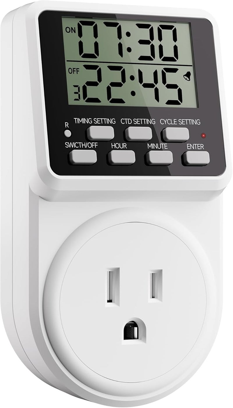 Techbee Digital Infinite Repeat Cycle Intermittent Timer Plug for Electrical Outlet, 24 Hour Programmable Indoor Timed Power Switch with Countdown Delay On and Off (120V, 15A), 1 pack - Image 1