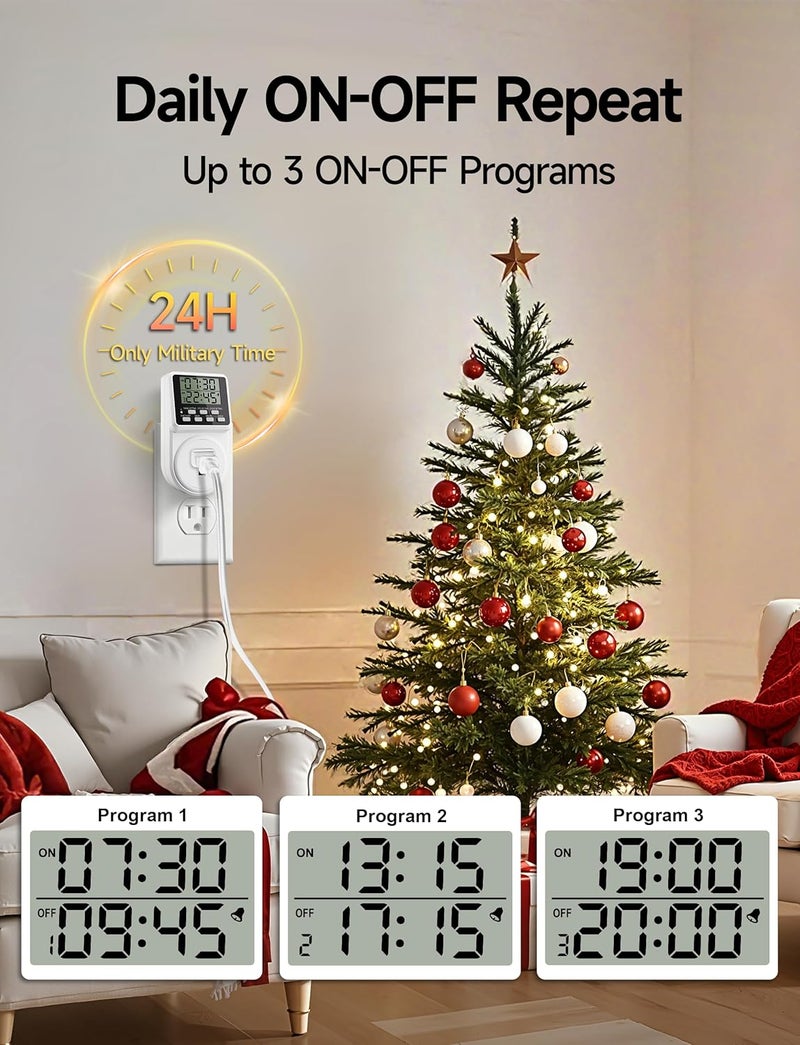 Techbee Digital Infinite Repeat Cycle Intermittent Timer Plug for Electrical Outlet, 24 Hour Programmable Indoor Timed Power Switch with Countdown Delay On and Off (120V, 15A), 1 pack - Image 2