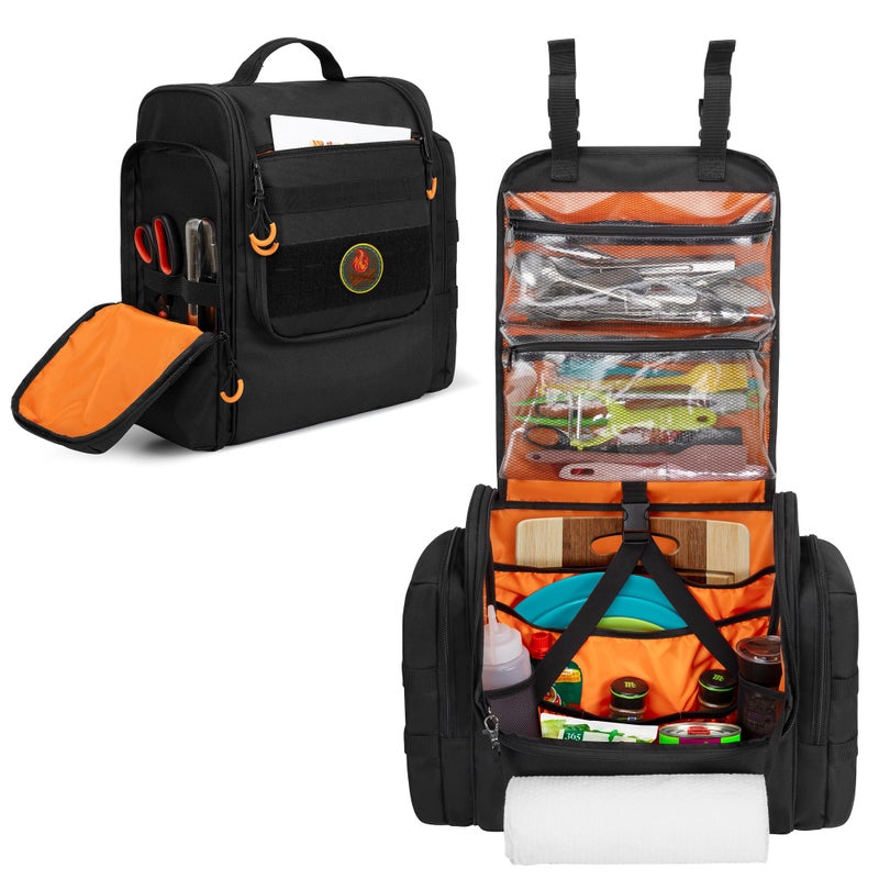 HODRANT Large Tactical Camping Kitchen Organizer Hanging Cookware Storage Bag with Paper Towel Holder  Multi Pockets Portable Camp Utensil Organizer for BBQ Cooking Essentials Black Bag Only