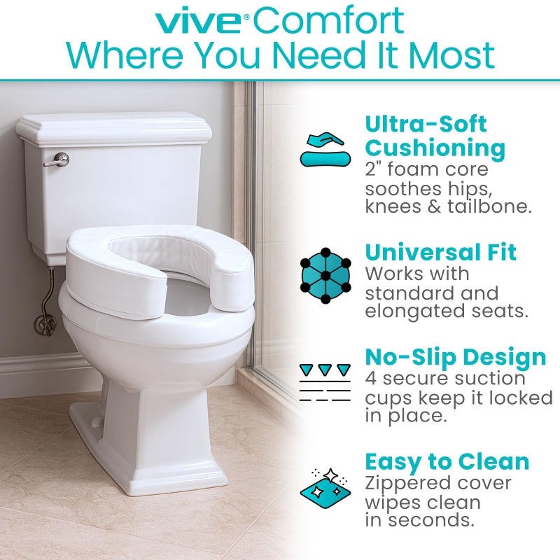 Vive Toilet Seat Cushion (Soft Cushioned Foam) - Easy Clean, Padded Bathroom Attachment - Elongated, Standard Seats - Comfort & Support Donut for Handicap Adults - Image 3