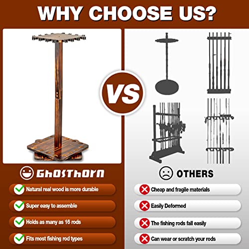 Ghosthorn Fishing Rod Holders for Garage 360 Degree Rotating Fishing Pole Rack, Floor Stand Holds up to 16 Rods Wood Fishing Gear Equipment Storage Organizer, Fishing Gifts for Men Women - Image 4