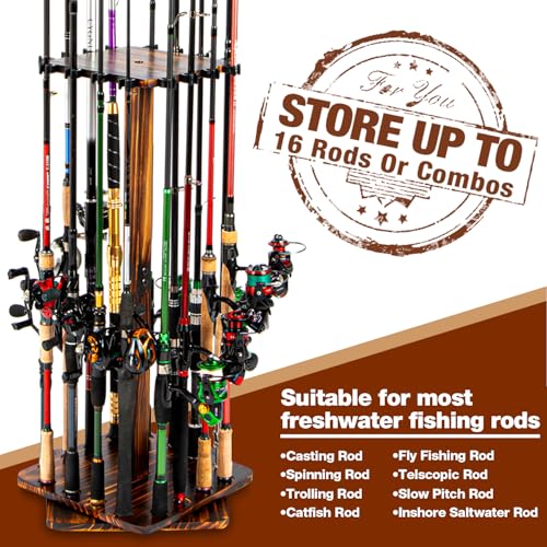 Ghosthorn Fishing Rod Holders for Garage 360 Degree Rotating Fishing Pole Rack, Floor Stand Holds up to 16 Rods Wood Fishing Gear Equipment Storage Organizer, Fishing Gifts for Men Women - Image 3
