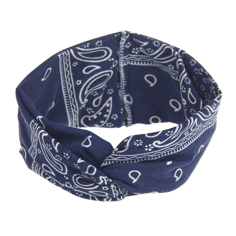 DINPREY Assorted Paisley Print Wide Bandana Knot Headbands Criss Cross Head Wrap Hair Band Navy