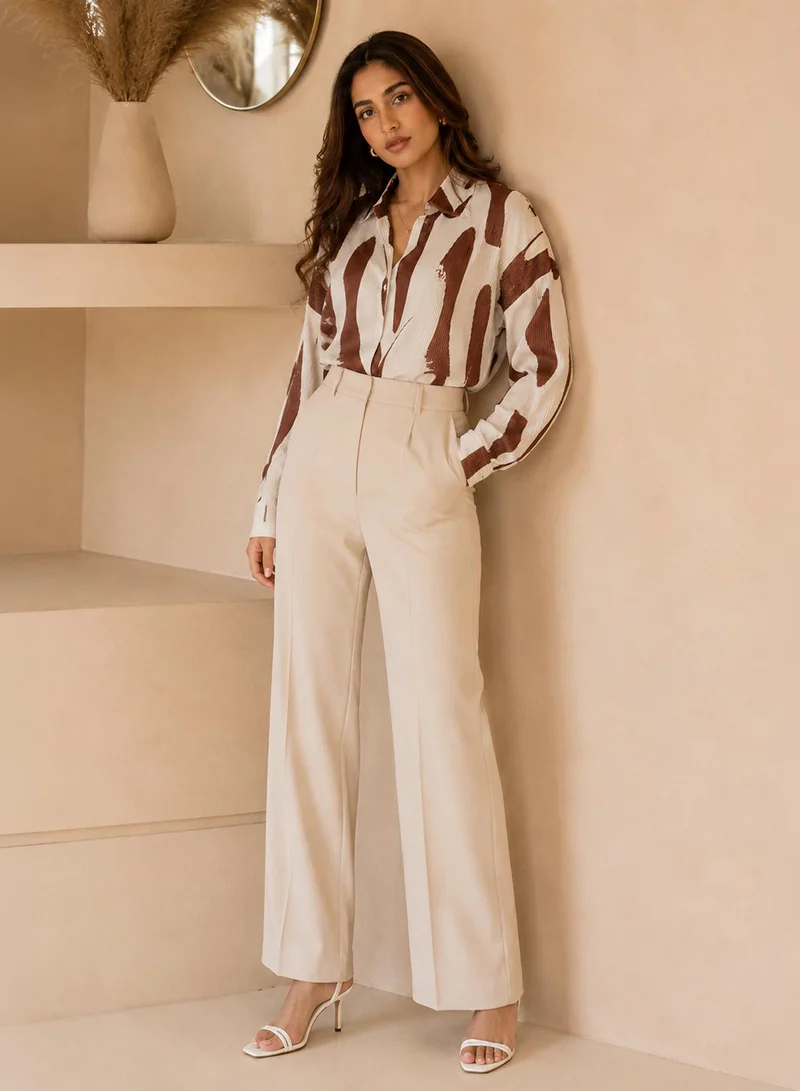 Pinacolada  Women's Off White & Brown Abstract Oversized Shirt For Casual Wear | Collared Neck | Long Sleeve | Button Closure | Shirt Crafted With Polyester Comfort Fit For Everyday Wear for Women | Best Price UAE