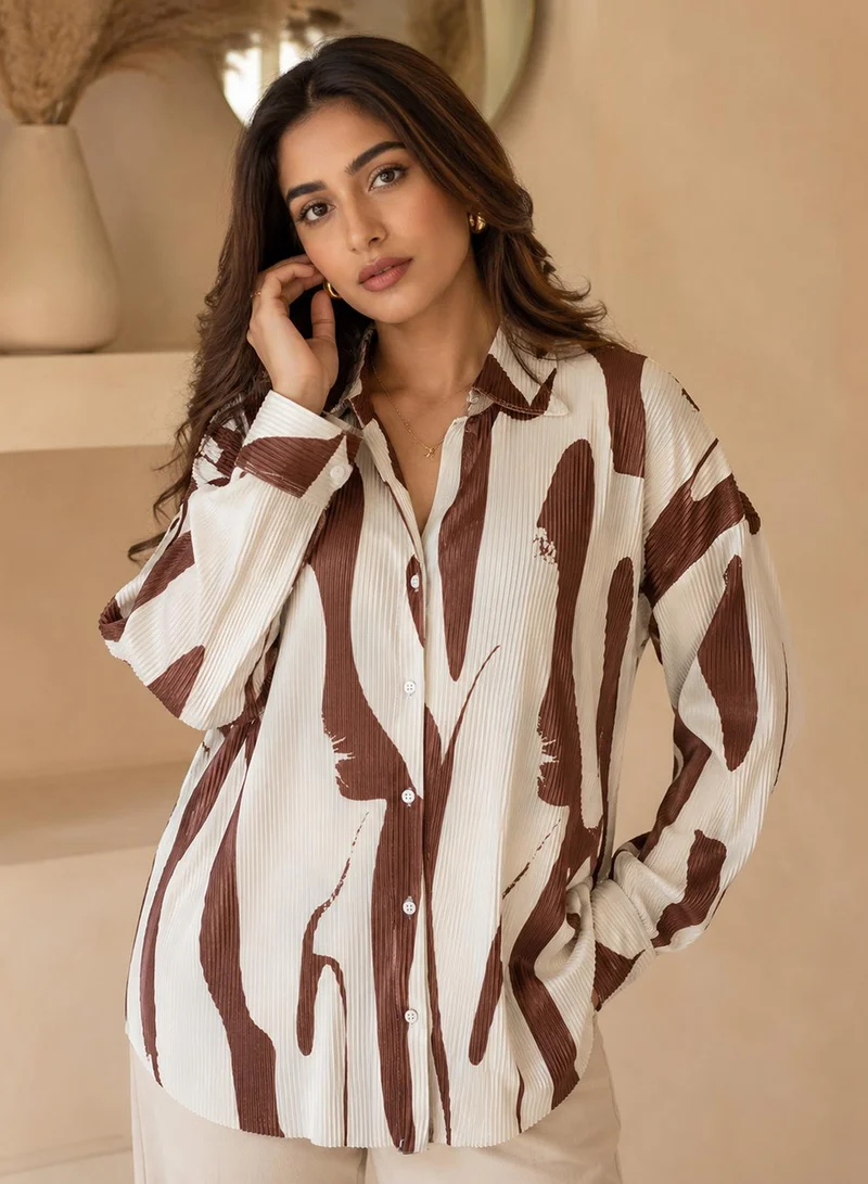Pinacolada Women's Off White & Brown Abstract Oversized Shirt For Casual Wear | Collared Neck | Long Sleeve | Button Closure | Shirt Crafted With Polyester Comfort Fit For Everyday Wear
