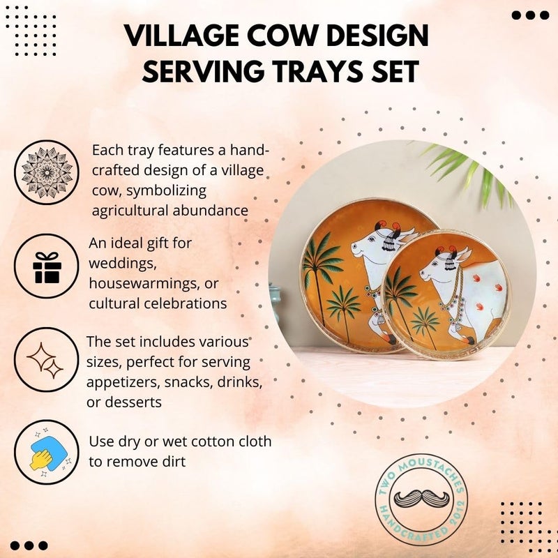 Two Moustaches Village Cow Design Serving Trays Set (8 Inches & 10 Inches), Serving Plates for Home, Platters for Tea/Coffee/Fruits/Snacks, Pichwai Tray for Diwali, Multicolored, Pack of 2 - Image 5