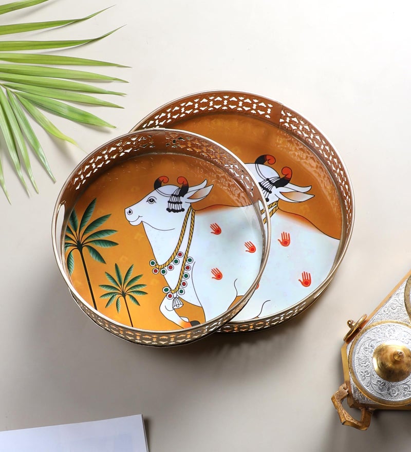 Two Moustaches Village Cow Design Serving Trays Set (8 Inches & 10 Inches), Serving Plates for Home, Platters for Tea/Coffee/Fruits/Snacks, Pichwai Tray for Diwali, Multicolored, Pack of 2 - Image 1