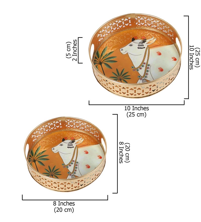 Two Moustaches Village Cow Design Serving Trays Set (8 Inches & 10 Inches), Serving Plates for Home, Platters for Tea/Coffee/Fruits/Snacks, Pichwai Tray for Diwali, Multicolored, Pack of 2 - Image 4