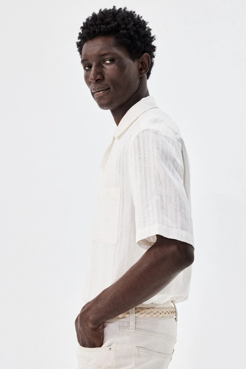 H&M 001-11-115-White Dusty Light Regular Fit Linen-blend resort shirt for Men | Best Price UAE