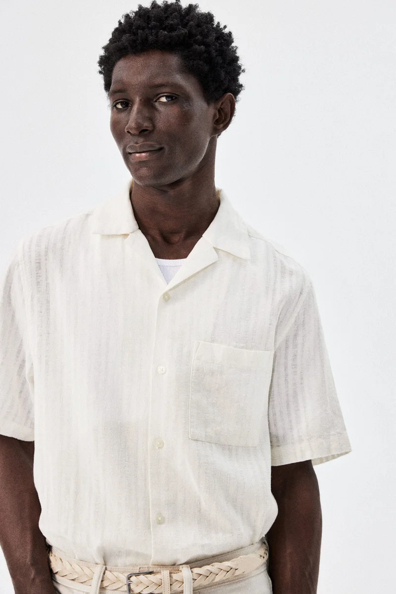 H&M 001-11-115-White Dusty Light Regular Fit Linen-blend resort shirt for Men | Best Price UAE
