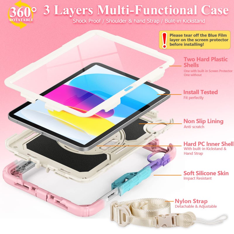 SEYMAC stock Case for iPad (A16) 11th/10th Generation 11''/10.9'' 2025/2022, Full-Body Drop Protection Case with Screen Protector &360Â° Rotate Hand Strap/Stand, Yellowish+Pink - Image 5