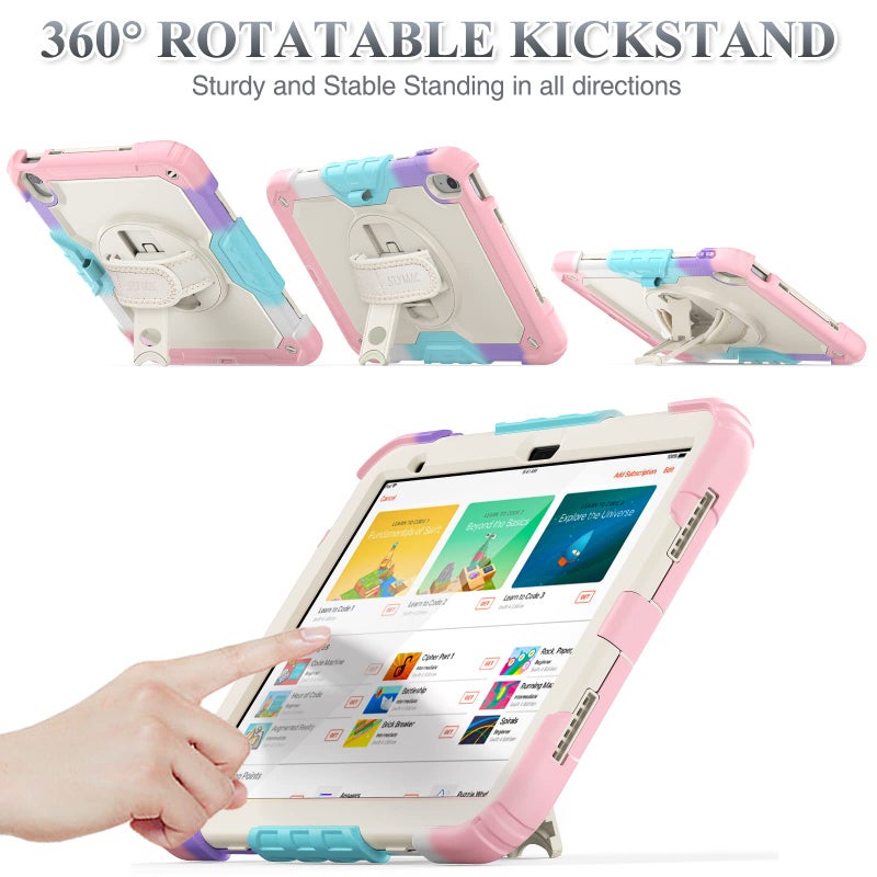 SEYMAC stock Case for iPad (A16) 11th/10th Generation 11''/10.9'' 2025/2022, Full-Body Drop Protection Case with Screen Protector &360Â° Rotate Hand Strap/Stand, Yellowish+Pink - Image 3