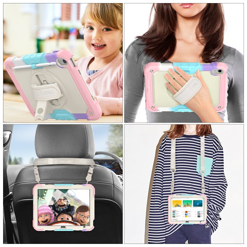 SEYMAC stock Case for iPad (A16) 11th/10th Generation 11''/10.9'' 2025/2022, Full-Body Drop Protection Case with Screen Protector &360Â° Rotate Hand Strap/Stand, Yellowish+Pink - Image 4