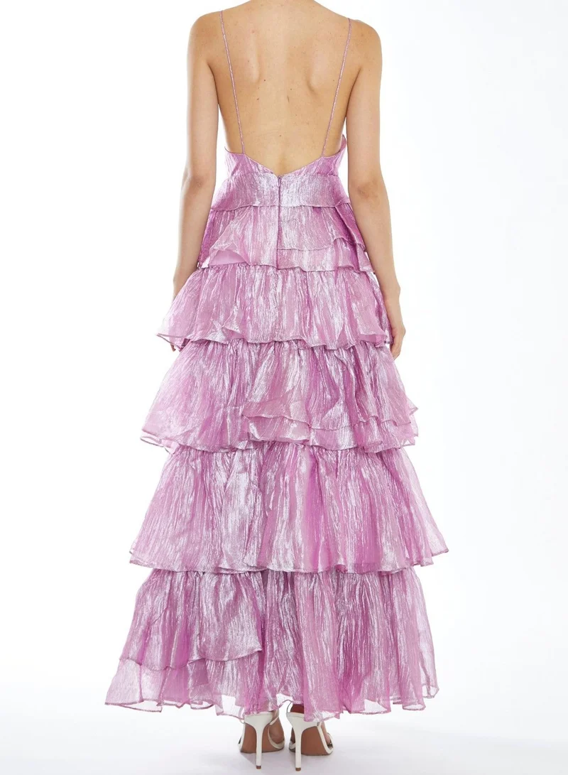True Decadence Nova Pink Metallic Pleated Tiers Plunging Maxi-Dress