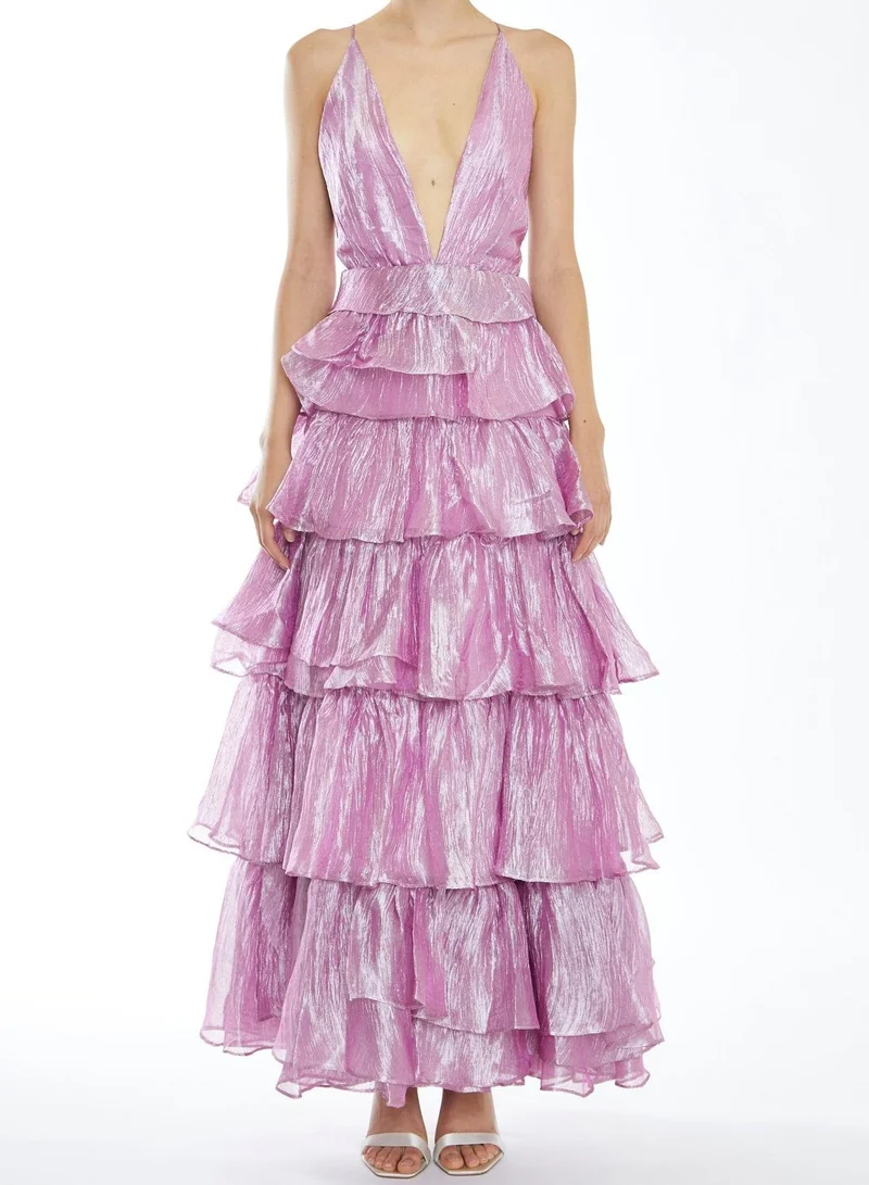 True Decadence Nova Pink Metallic Pleated Tiers Plunging Maxi-Dress